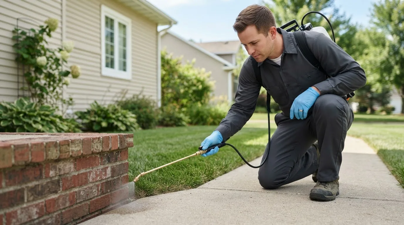Pest control technician treating a home near Macarthur, WV
